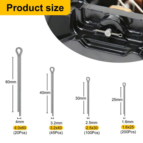 SVLING cotter pin assortment kit, 304 stainless steel, 365 pcs total in four sizes.