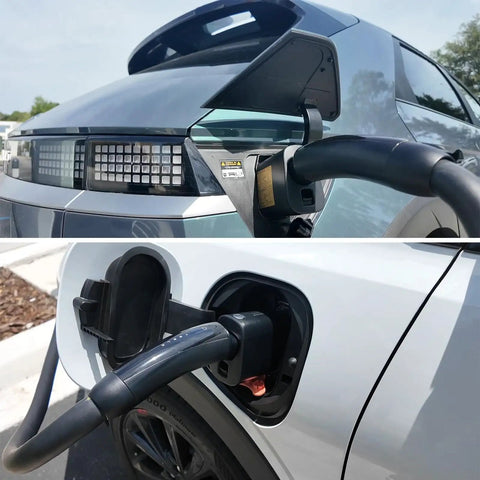 Plug Right In With This Boss Level NACS To CCS Adapter connecting to electric vehicle charging ports.