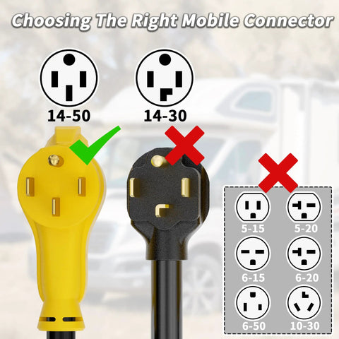 Choosing between 14-50 and 14-30 mobile connectors for 3 Ft 50 Amp Nema 14-50 RV Extension Cord for EV charging.