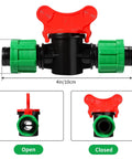 1/2 Inch Universal Drip Irrigation Shut Off Valve Set For Tubing Coupling Locking Fittings with open and closed positions shown