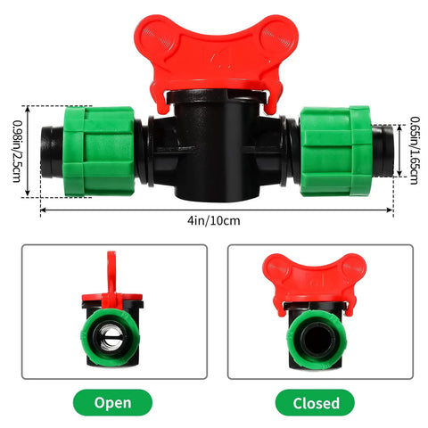 1/2 Inch Universal Drip Irrigation Shut Off Valve Set For Tubing Coupling Locking Fittings with open and closed positions shown