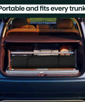 Easy Up 10x10 Pop Up Canopy Tent With Heavy Duty Frame loaded in car trunk, showing portability and compact size.