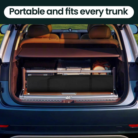 Easy Up 10x10 Pop Up Canopy Tent With Heavy Duty Frame loaded in car trunk, showing portability and compact size.