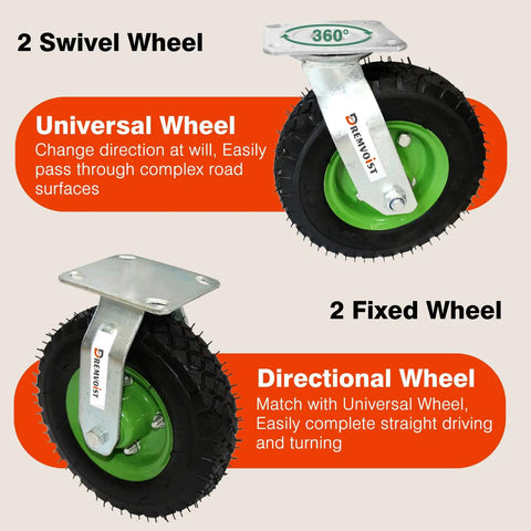 Heavy Duty 8 Inch Pneumatic Caster Wheels Set Of 4 With Rock Solid Swivel And Rigid Air Rubber Tires featured with swivel and fixed wheels.