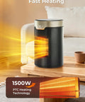 ETL Certified 1500W PTC Space Heater With Thermostat, 24H Timer, on wooden table showing heat emission in living room.