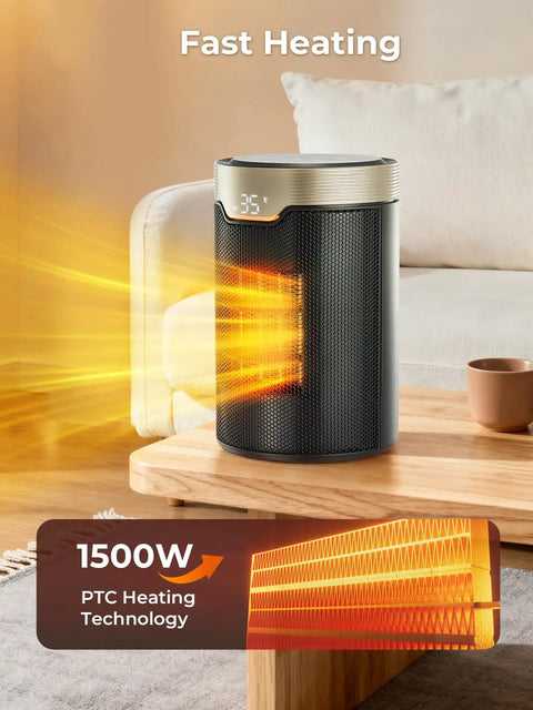 ETL Certified 1500W PTC Space Heater With Thermostat, 24H Timer, on wooden table showing heat emission in living room.
