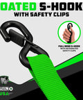 Coated S-hooks with safety clips attached to green heavy duty strap, for secure cargo transport.