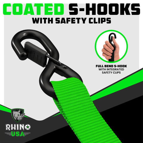 Coated S-hooks with safety clips attached to green heavy duty strap, for secure cargo transport.