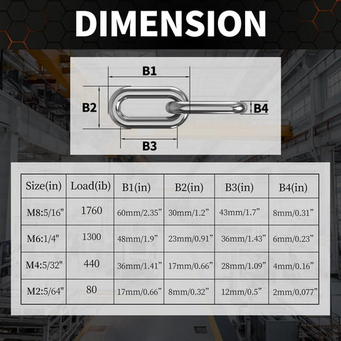 Diagram showing dimensions of Heavy Duty Stainless Steel Link Chain 304 5/64 Inch Links with 80 Lb Working Load Limit.