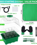 Five Pack Seed Starter Tray With LED Grow Light, 60 Cell Germination Kit, includes gardening gloves and mat, LED grow light.