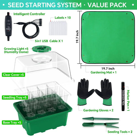 Five Pack Seed Starter Tray With LED Grow Light, 60 Cell Germination Kit, includes gardening gloves and mat, LED grow light.