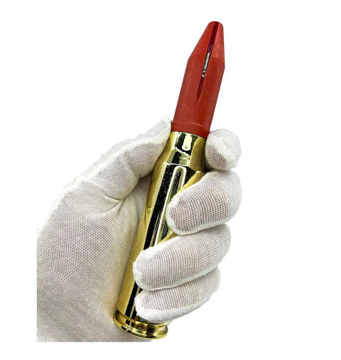 Gloved hand holding 20mm Phalanx CIWS Dummy Round Kit With Red Sabot, Tungsten Penetrator, Stand, Reconditioned Fired Case, Inert Display