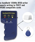 Portable RFID Writer And Card Duplicator For 125KHz Smart ID Access Control shown with keyfob and compatible cards