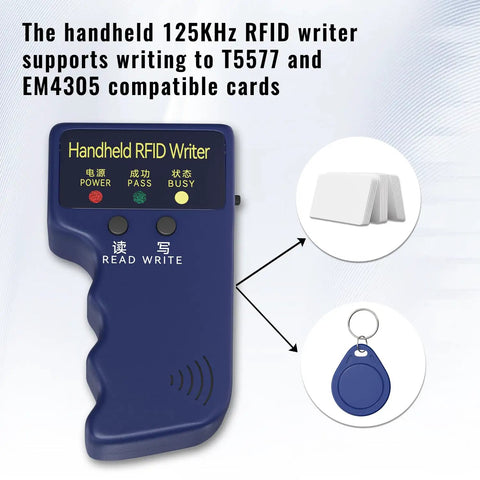 Portable RFID Writer And Card Duplicator For 125KHz Smart ID Access Control shown with keyfob and compatible cards