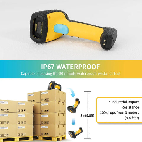 Upgraded 2D And 1D Bluetooth Barcode Scanner With Charging Dock Wireless 2.4G And BLE 2600mAh Battery Drop Proof And Dust Proof Hands Free Cradle For Windows Mac Android iOS Plug And Play, shown on wet surface demonstrating IP67 waterproof and impact resistance with falling boxes illustration.