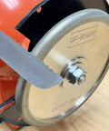 Pro CBN Grinding Wheel For Sharpening Bread Knife Serrations With Steel Adapter Arbor Reliable Rotary Tool Fit For Fast Kitchen Chopping And Sharp As A Tack Edges All Day Long, showing serrated knife and CBN disc.