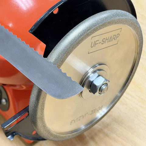 Pro CBN Grinding Wheel For Sharpening Bread Knife Serrations With Steel Adapter Arbor Reliable Rotary Tool Fit For Fast Kitchen Chopping And Sharp As A Tack Edges All Day Long, showing serrated knife and CBN disc.