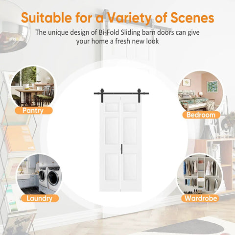 Smooth Glide Bi Fold Barn Door 84 Inch Tall Pre Built Six Panel Closet Slab in white, ideal for pantry and bedroom use.