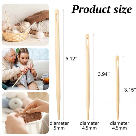 Three Different Sized Nalbinding Needle Set For Knitting And Crochet Large Wooden Bamboo Yarn Needles For Weaving Stitching Embroidery And Craft Projects Durable Lightweight Tools showing three needle sizes and usage examples