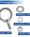 Package contents showing Ten Pack M6 Stainless Steel Eye Bolts With Nuts And Washers, including flat washer, spring washer, and hex nut.