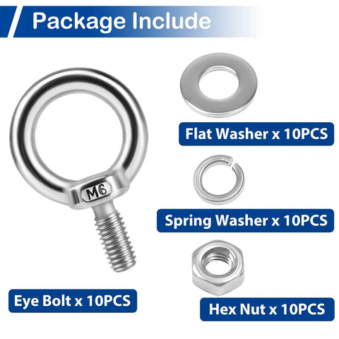 Package contents showing Ten Pack M6 Stainless Steel Eye Bolts With Nuts And Washers, including flat washer, spring washer, and hex nut.