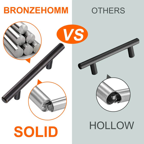 Comparison of solid versus hollow 20 Pack Oil Rubbed Bronze Solid Cabinet Handles Drawer Pulls 5.38 Inches Long With 3 Inch Center To Center.