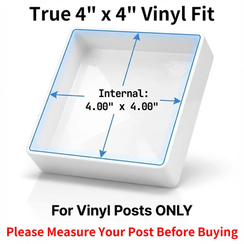 Snug As A Bug 4X4 Vinyl Fence Post Caps Set Of Six White design showing internal measurements for true 4" x 4" vinyl fit.