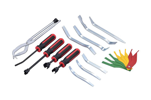 14-Piece Drum Brake Service Tool Set With Brake Lining Gauge And TPR Grip Spring Tools For Adjustment Removal And Installation On Most Domestic And Import Vehicles Including A Variety Of Spring Pliers And Removal Tools