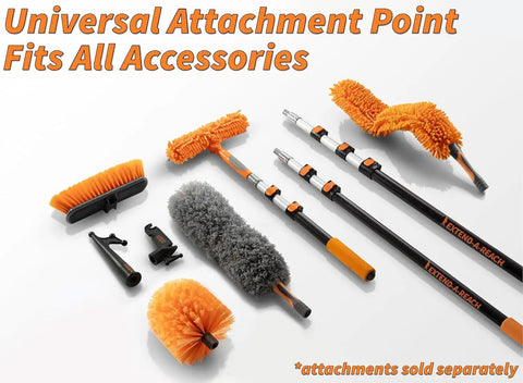 Telescoping Paint Roller Extension Pole With Universal Twist On Metal Tip shown with various cleaning attachments