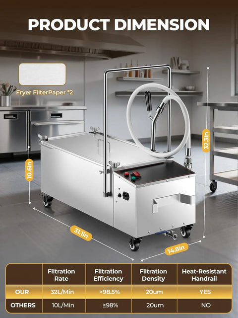 Heavy Duty Commercial Fryer Oil Filter Cart With Wheels For Restaurant Kitchens fifteen gallon stainless steel unit with dimensions and features.