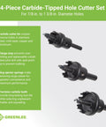 4-Piece Carbide-Tipped Hole Cutter Set, 7/8 to 1-3/8 Inch, with pilot drill, hex wrench, and flange stop for metal cutting