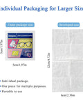 Icepac lens cleaning wipes outer package front view; 5 cm square and 12 cm by 6 cm developed wipe sheet.