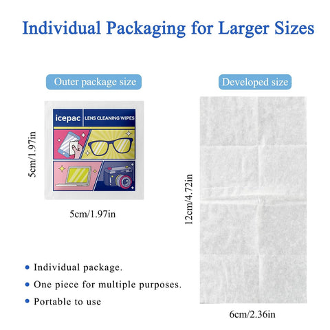 Icepac lens cleaning wipes outer package front view; 5 cm square and 12 cm by 6 cm developed wipe sheet.