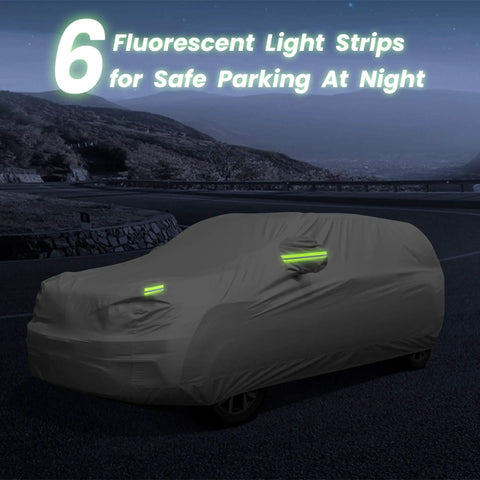 Waterproof SUV Car Cover for All Weather with fluorescent light strips shown in night setting