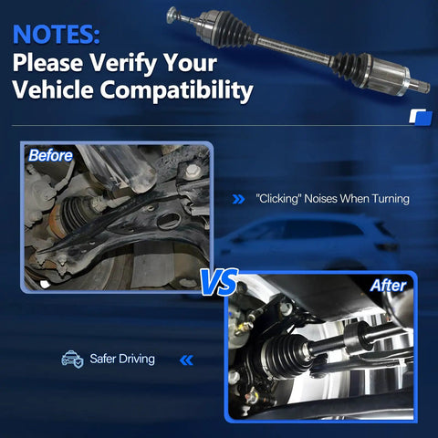 Heavy Duty Front CV Axle Shaft Assembly For Kia Optima 2011 2014 2015 L4 2.4L Front Wheel Drive displayed in before and after installation