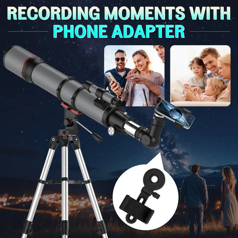 High Powered 90mm Refractor Telescope With 800mm Focal Length and phone adapter for stargazing and family use