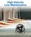 Industrial Grade 20 Inch High Velocity Pivoting Floor Fan For Powerful Air Circulation In Industrial And Commercial Spaces With Powder Coated Steel Construction One Sixth HP Motor OSHA Compliant AMCA Tested Heavy Duty Built To Last in warehouse setting.
