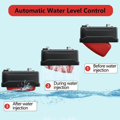 Premium Water Trough Float Valve With Automatic Water Level Control For Stock Tanks Poultry Coops And Livestock Waterers showing before, during, and after water injection.