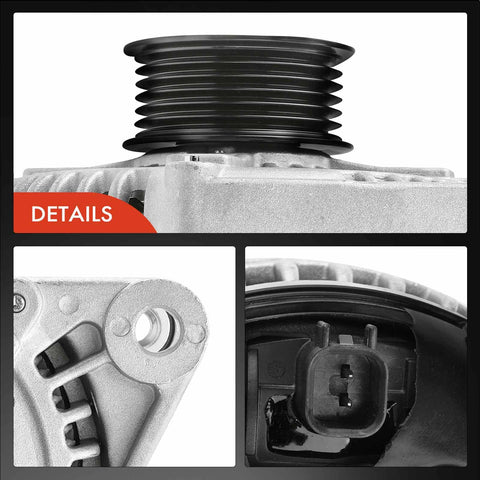 Close-up of Alternator For Dodge Ram 1500 Durango Nitro And Jeep Grand Cherokee Commander Liberty And Chrysler Aspen Ready To Roll 12V 160A CW 6 Groove Pulley.