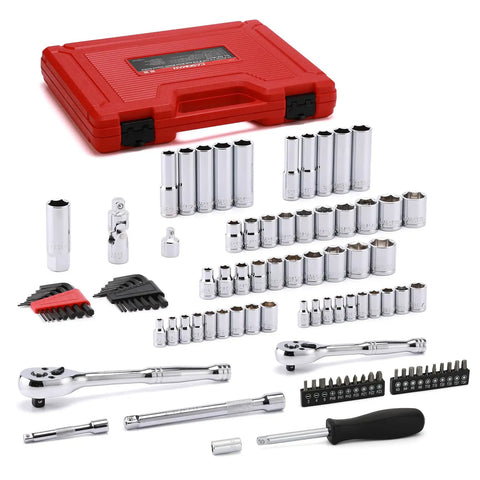 All In One 94 Piece One Quarter Inch And Three Eighth Inch Drive Socket Set With Ratchet Extension Bars And Universal Joint