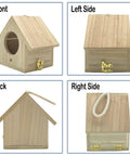 Wooden Bird House Hanging Outdoor Nest Box For Garden Decor, showing front, left, back, and right sides with rope handle.