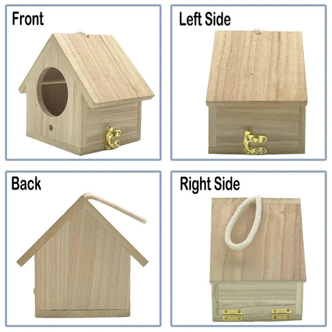 Wooden Bird House Hanging Outdoor Nest Box For Garden Decor, showing front, left, back, and right sides with rope handle.