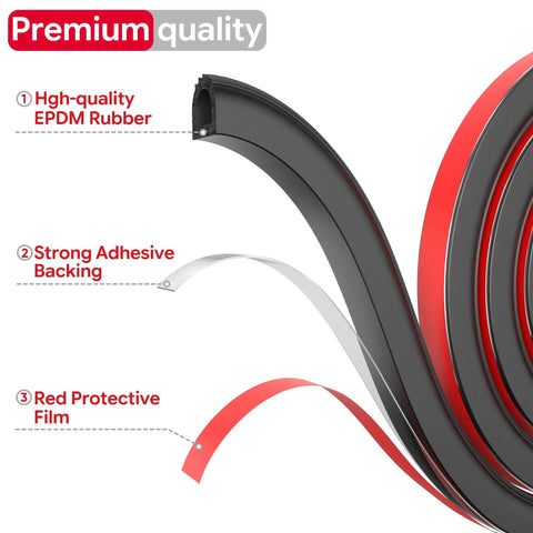 Premium quality EPDM Rubber D Shaped Weather Stripping 26Ft RV Door Seal with strong adhesive and red protective film, features labeled