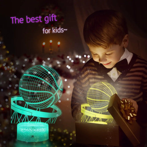 Boy admiring Basketball 3D Illusion Night Light with 16 Color Dimmable LEDs as a gift, placed on desk.
