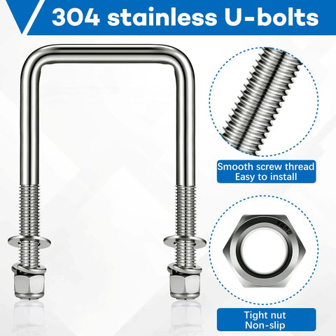 Eight Piece Set Of 304 Stainless Steel Square U Bolts With Washers And Nuts For Boat Trailers Sailboats Automobiles, close-up view