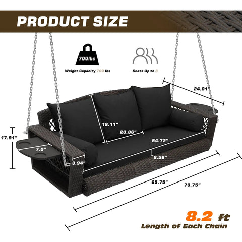 Diagram of 3 Person Porch Swing Bench Wicker Outdoor Hanging Chair For Garden Yard And Lawn Brown Rattan With Cushions And Pillow