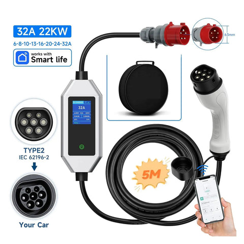Heavy Duty Portable 22Kw 32A Three Phase Type2 EV Charger With Wifi App Control showing charging cord and display.