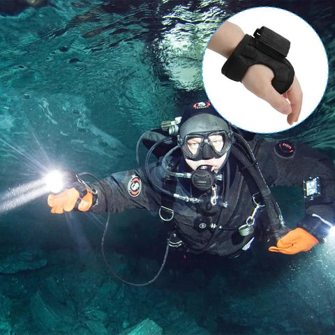 Diver underwater using Waterproof Diving Flashlight Arm Strap And Wrist Holster With Universal Adjustable Soft Mount Neoprene Glove Mount