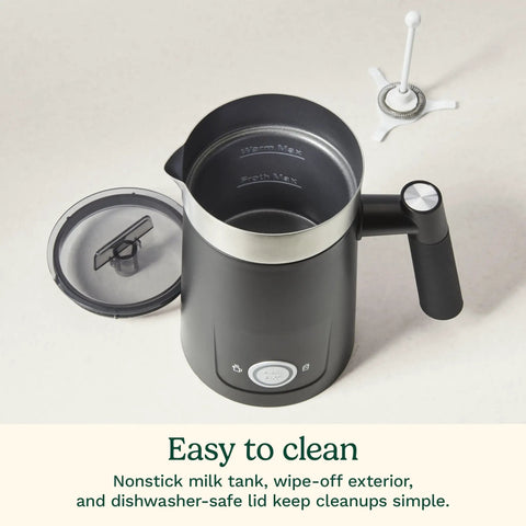 Top view of a stainless steel nonstick milk frother with cool touch exterior, lid, and whisk. Hot And Cold Foam Milk Frother For Coffee And Cafe Style Drinks Like Lattes Cappuccinos Macchiatos And Hot Chocolate With Stainless Steel Nonstick Milk Tank And Cool Touch Exterior visible.