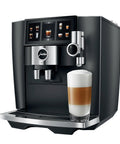 Hella Smooth Super Automatic Bean To Cup Coffee Maker Featuring Integrated Twin Boiler And Sweet Foam Dispenser Setup Plus Huge Angled Touchscreen Panel For A Slick Kitchen Flex On Demand with glass of latte